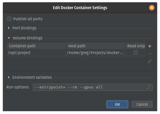 PyCharm Docker container settings